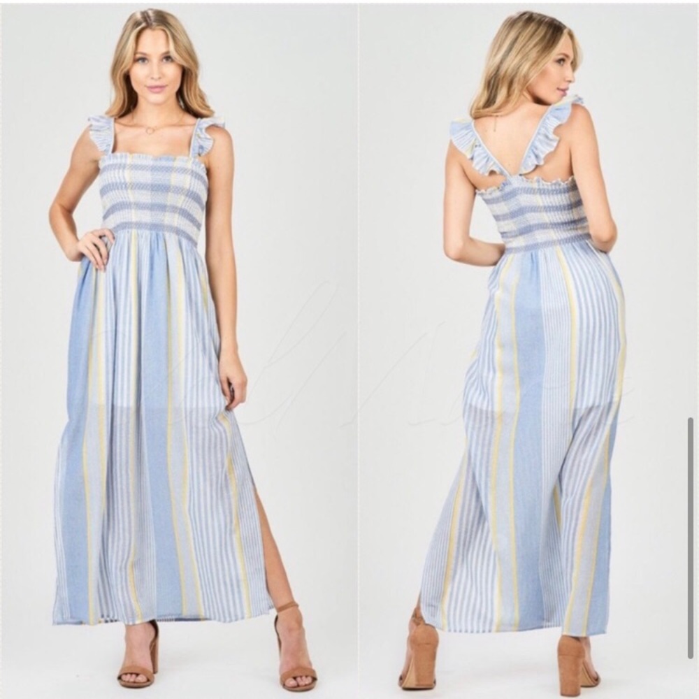 Blue yellow maxi ruffle shoulder dress - Picture 4 of 5